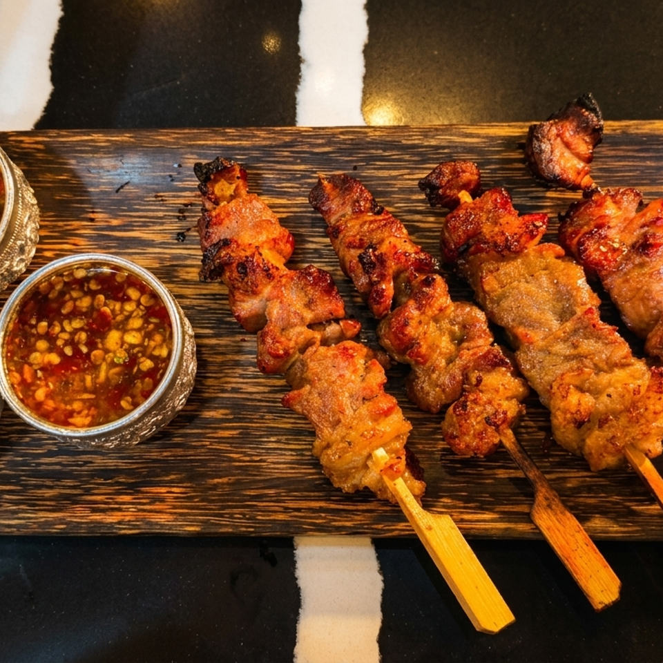 Grilled pork skewers with three dipping sauces on a wooden tray, against a black and white background.