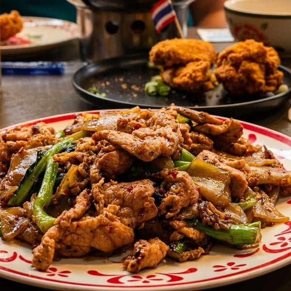 A plate of Thai drunken noodles with pork and green vegetables, with fried chicken and drinks in the background.