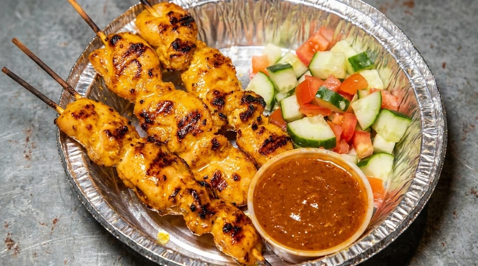 Grilled chicken satay skewers with peanut sauce and a side of cucumber and tomato salad.