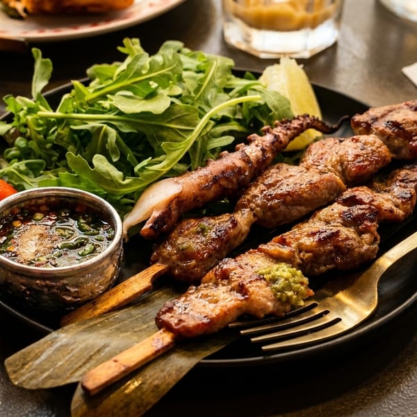 Grilled skewers of meat and squid, with a side of arugula, tomato, lime, and dipping sauce.