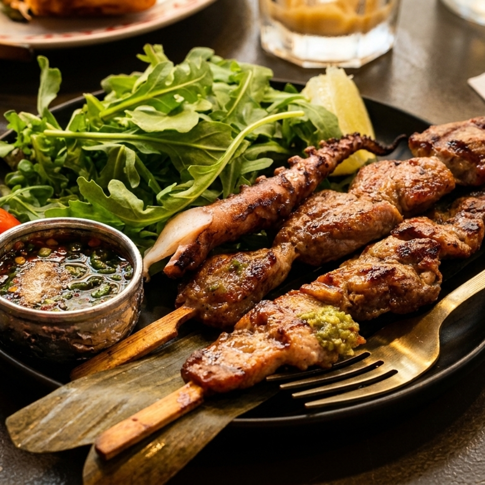 Grilled meat skewers, squid, fresh arugula, and dipping sauce on a dark plate with gold cutlery.