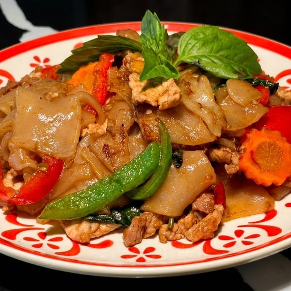 Pad See Ew with wide noodles, chicken, red peppers, carrots, and basil on a white plate.